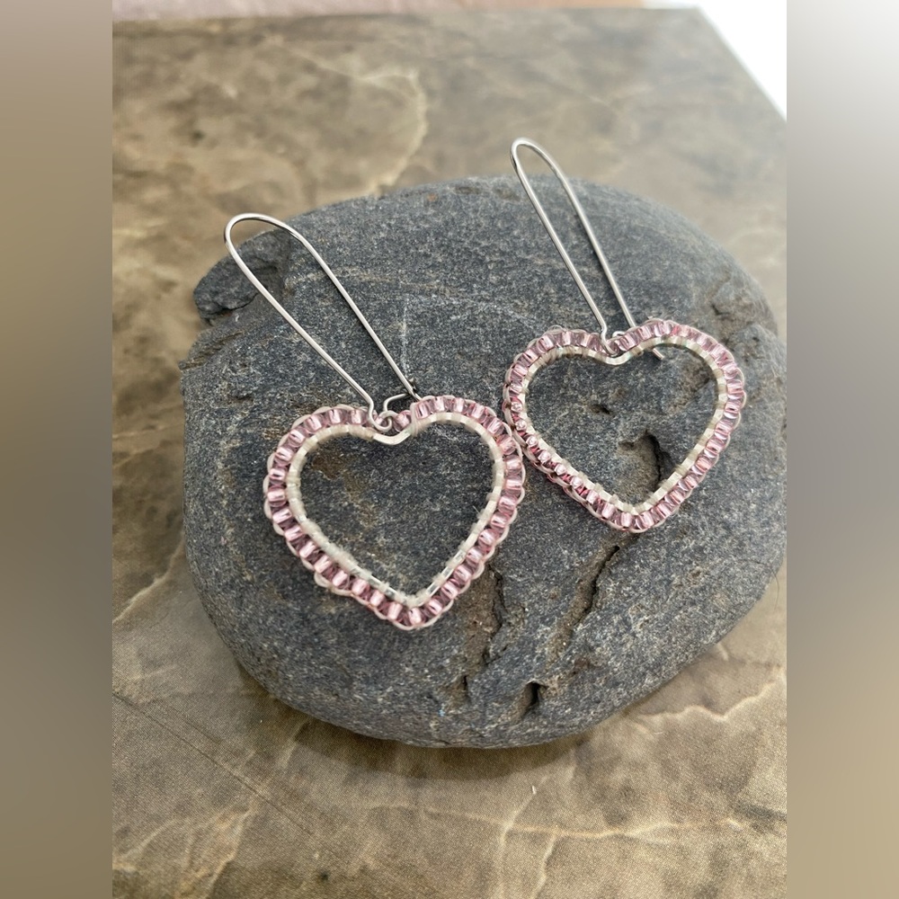 Pink beaded heart earrings